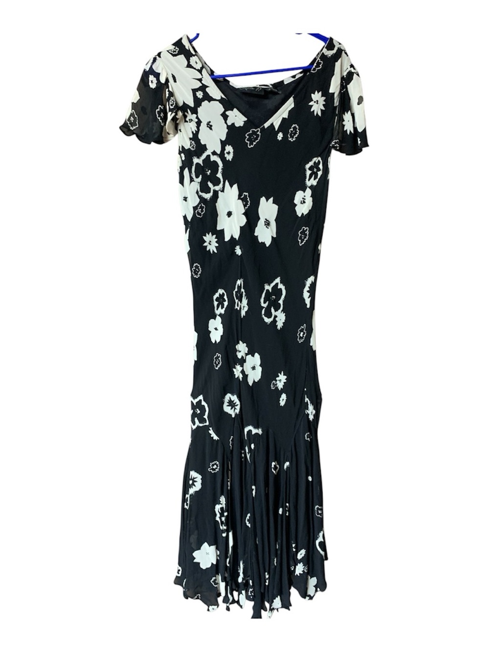 Lola P Vintage Y2K Black Floral Print Mermaid Maxi Asymmetrical Dress Flutter Lg